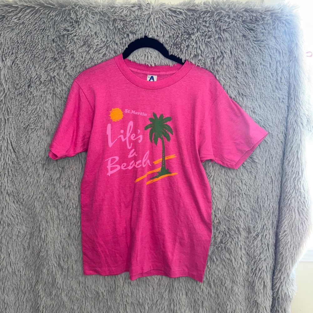 Vintage America Project St Martin‎ Life is a Beach Palm Tree T Shirt Size Medium
